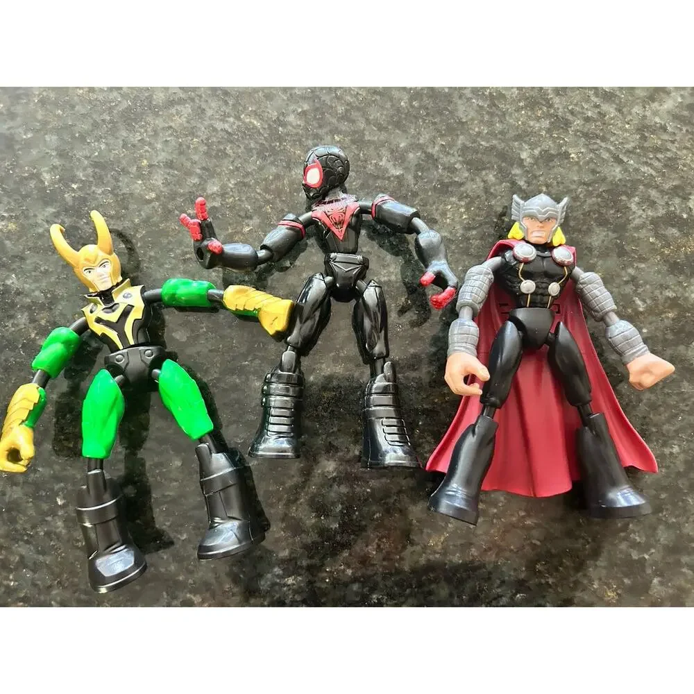Set Of 3 “Bend And Flex” Marvel Spiderman‎ 6” Action Figures With Shields Loki